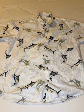 Vintage Crossings Marlin Fishing Shirt S Cream Tropical Nautical 90s